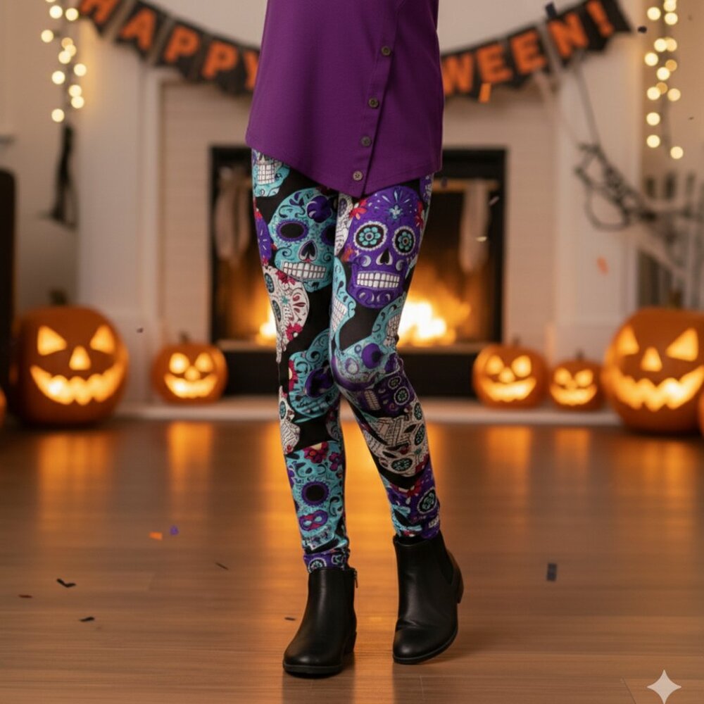 NEW Girls Halloween Skull Leggings, Soft Yoga Pants, Kids Costume